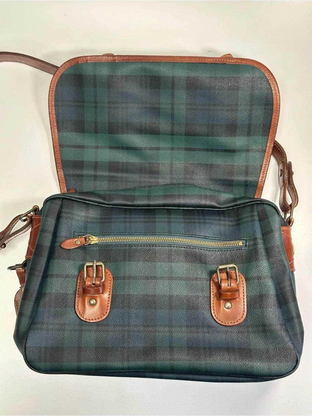 Polo Ralph Lauren Classic Plaid Leather-Trim Messenger Bag - Green/Tan